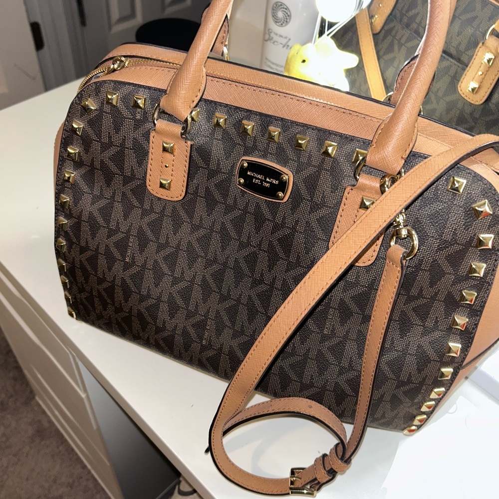 Michael Kors Brown and Tan Studded Satchel